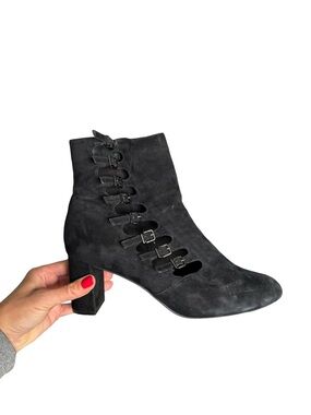David Tate Black Suede Leather Buckle Cutout Ankle Boots Block Heel Size 12